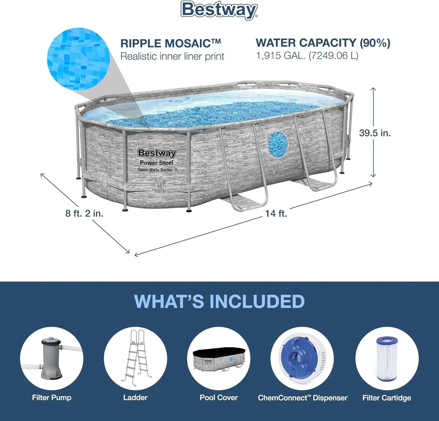 Power Steel Swim Vista Series II 14' x 8' 2 x 39.5 Above Ground Outdoor Swimming Pool Set with 530 GPH Filter Pump, Ladder, and Pool Cover