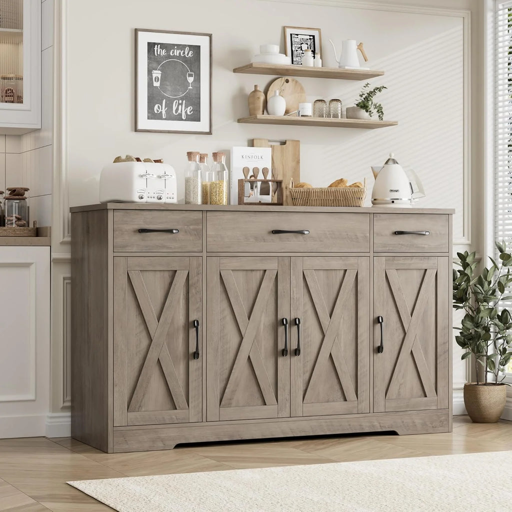 HOSTACK Buffet Cabinet with Drawers, 55 Large Sideboard Buffet Storage Cabinet with Shelves and Doors, Modern Farmhouse Coffee Bar Station Wood Kitchen Table for Kitchen, Dining Room, White/Rustic