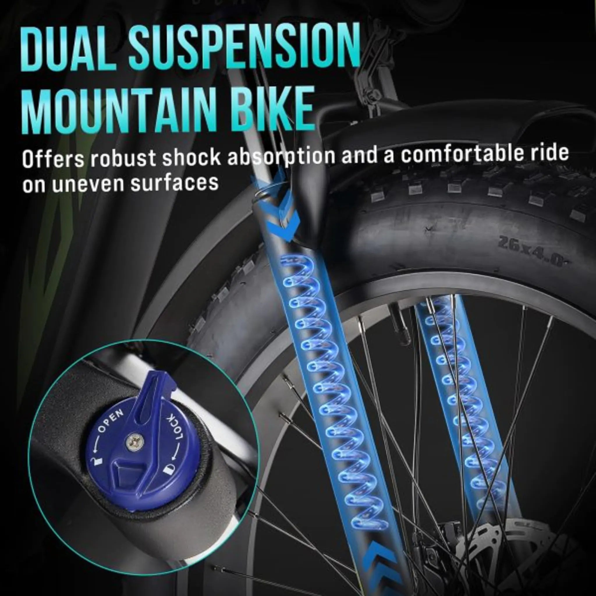 1000W 48V Electric Bike for Adults – 26-in Fat Tire Full-Suspension E-Bike – 17.5Ah Battery – 7-Speed – Up to 28MPH – UL Certified
