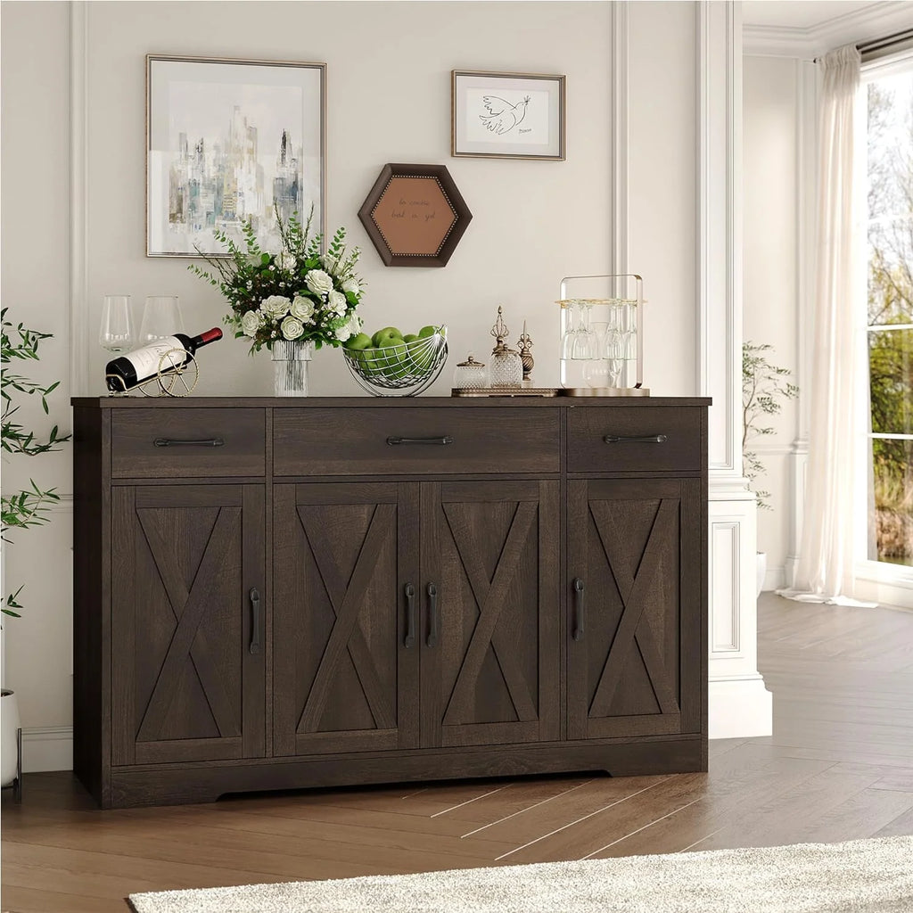 HOSTACK Buffet Cabinet with Drawers, 55 Large Sideboard Buffet Storage Cabinet with Shelves and Doors, Modern Farmhouse Coffee Bar Station Wood Kitchen Table for Kitchen, Dining Room, White/Rustic