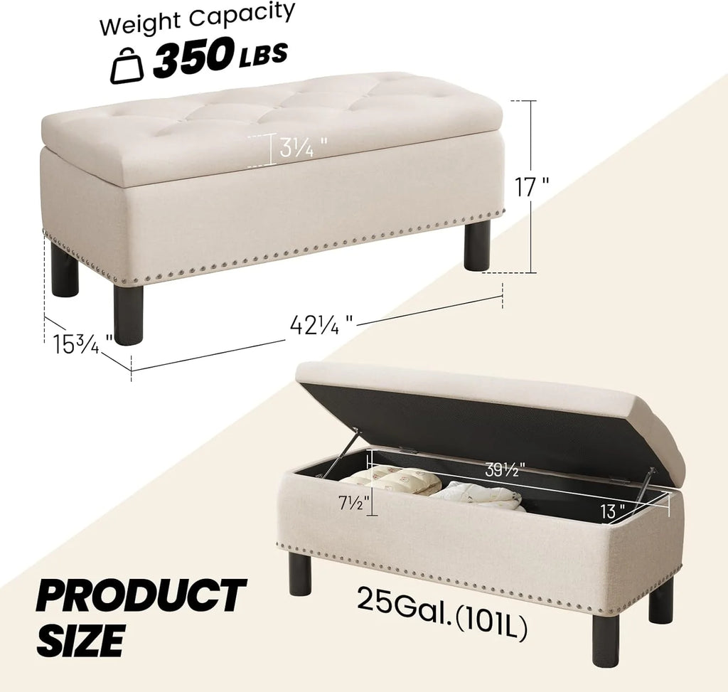 Furniliving Modern Storage Ottoman Bench, Sherpa Ottoman End of Bed Bench with Solid Wood Legs Upholstered Ottoman Benches with Storage Indoor Bench
