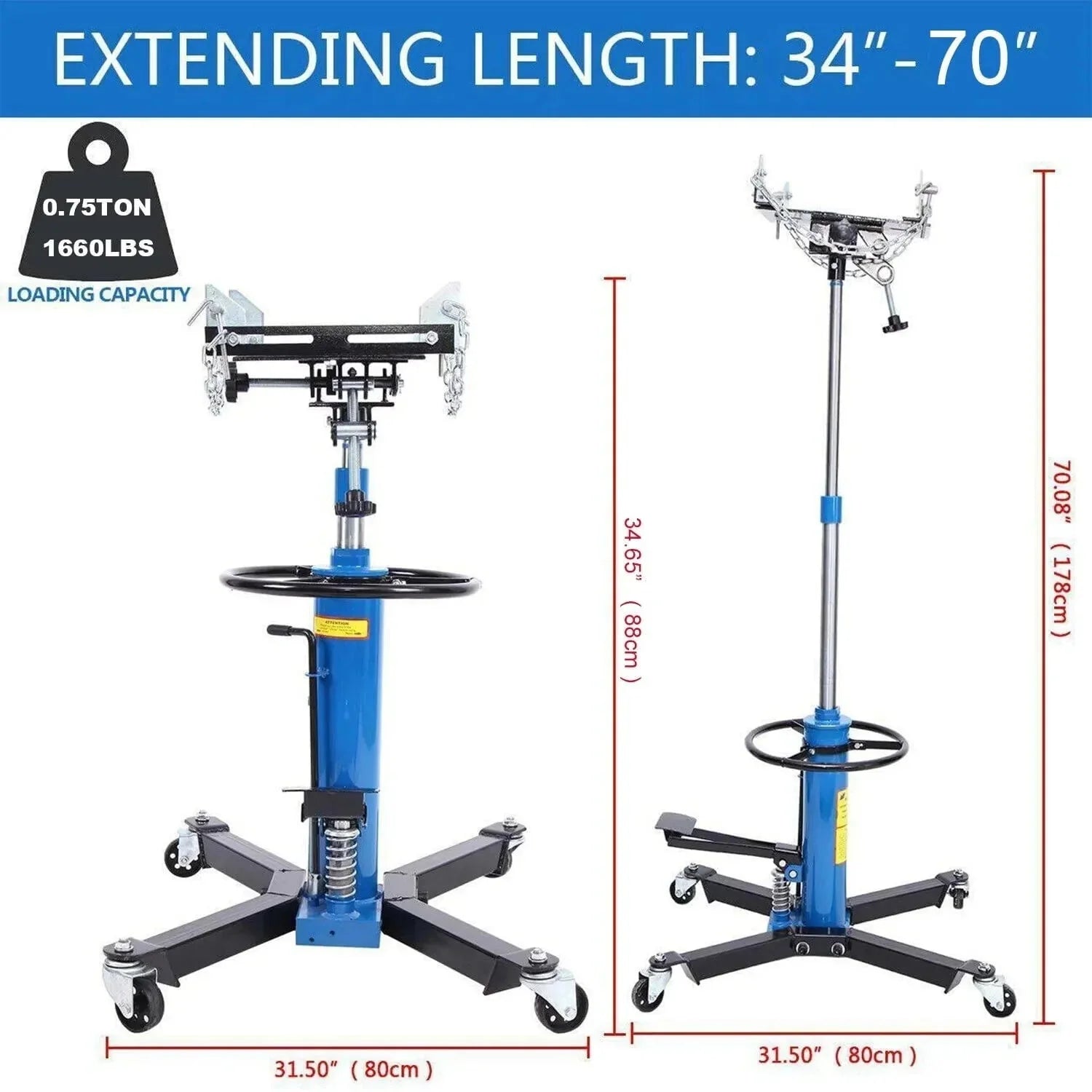 1660 Pounds Hydraulic Car Transmission Jack Vertical Lift with 360° Swivel Wheel Pedal ,Blue,33-70(0.75Ton)