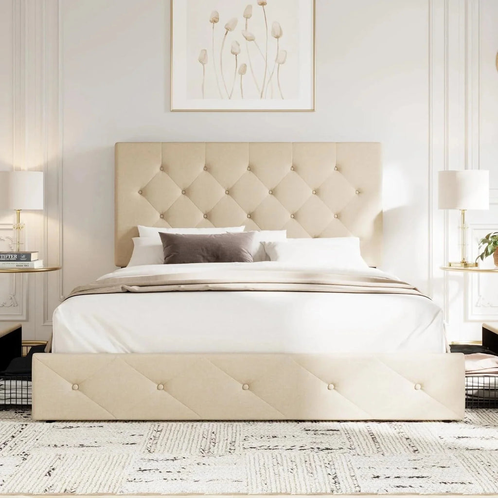 Allewie Upholstered Queen Size Platform Bed Frame with 4 Storage Drawers and Headboard, Square Stitched Button Tufted, Mattress Foundation with Wooden Slats Support, No Box Spring Needed, Light Grey
