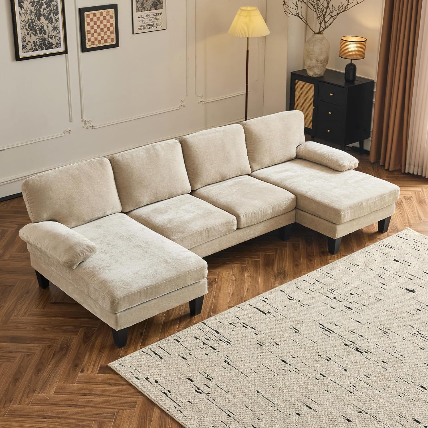 VINGLI 110 Sectional Couches for Living Room,U Shaped Couch with Double Chaise, 4-Seat Sofa Set with Chenille Fabric for Home Furniture,Beige