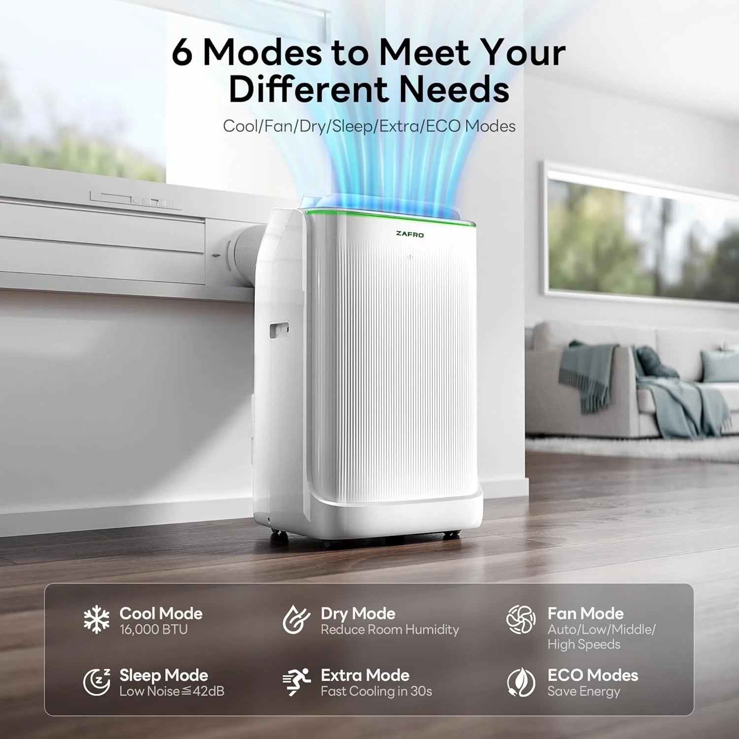 ZAFRO 8,000 BTU Portable Air Conditioners, 4 Modes Portable AC Unit with Fast Cooling/Energy Efficient/Remote/24Hrs Timer for Bedroom/Dorms/Indoor Rooms, White