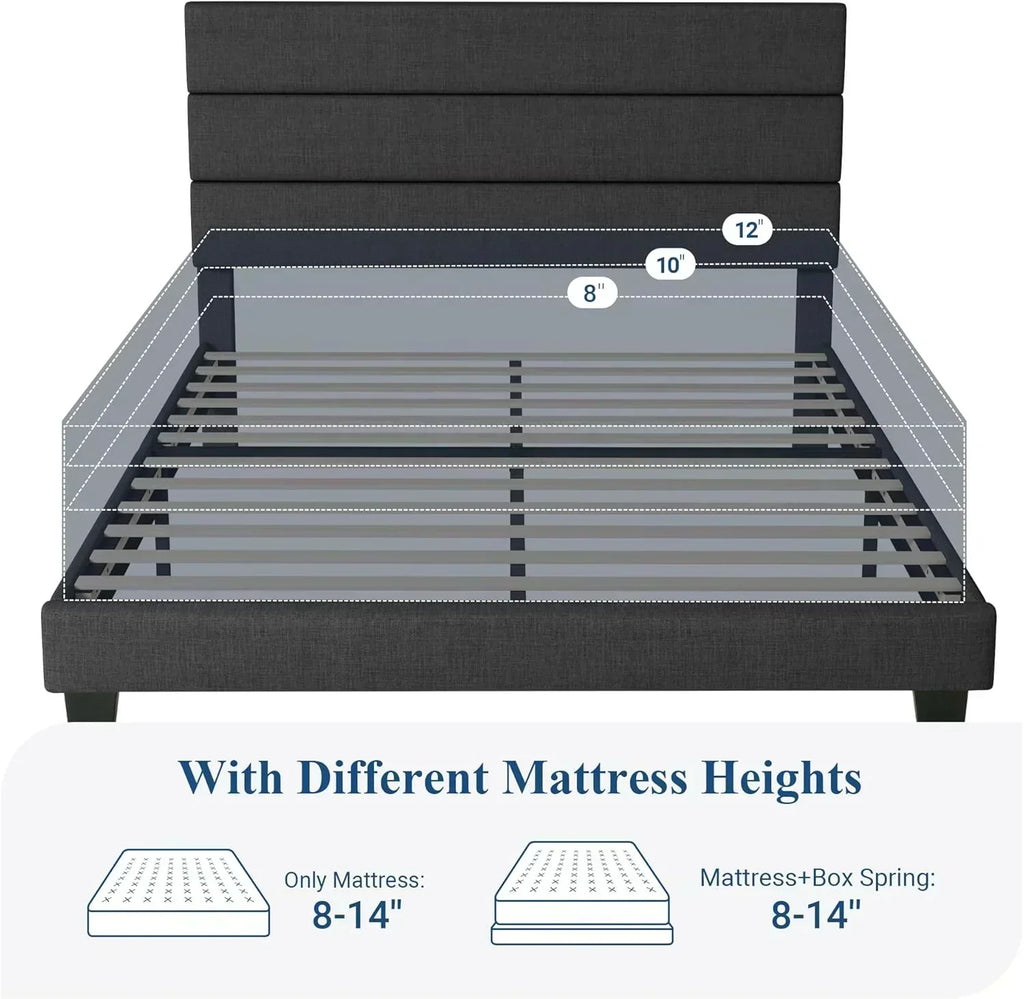 Allewie Queen Size Platform Bed Frame with Fabric Upholstered Headboard Wooden Slats Support