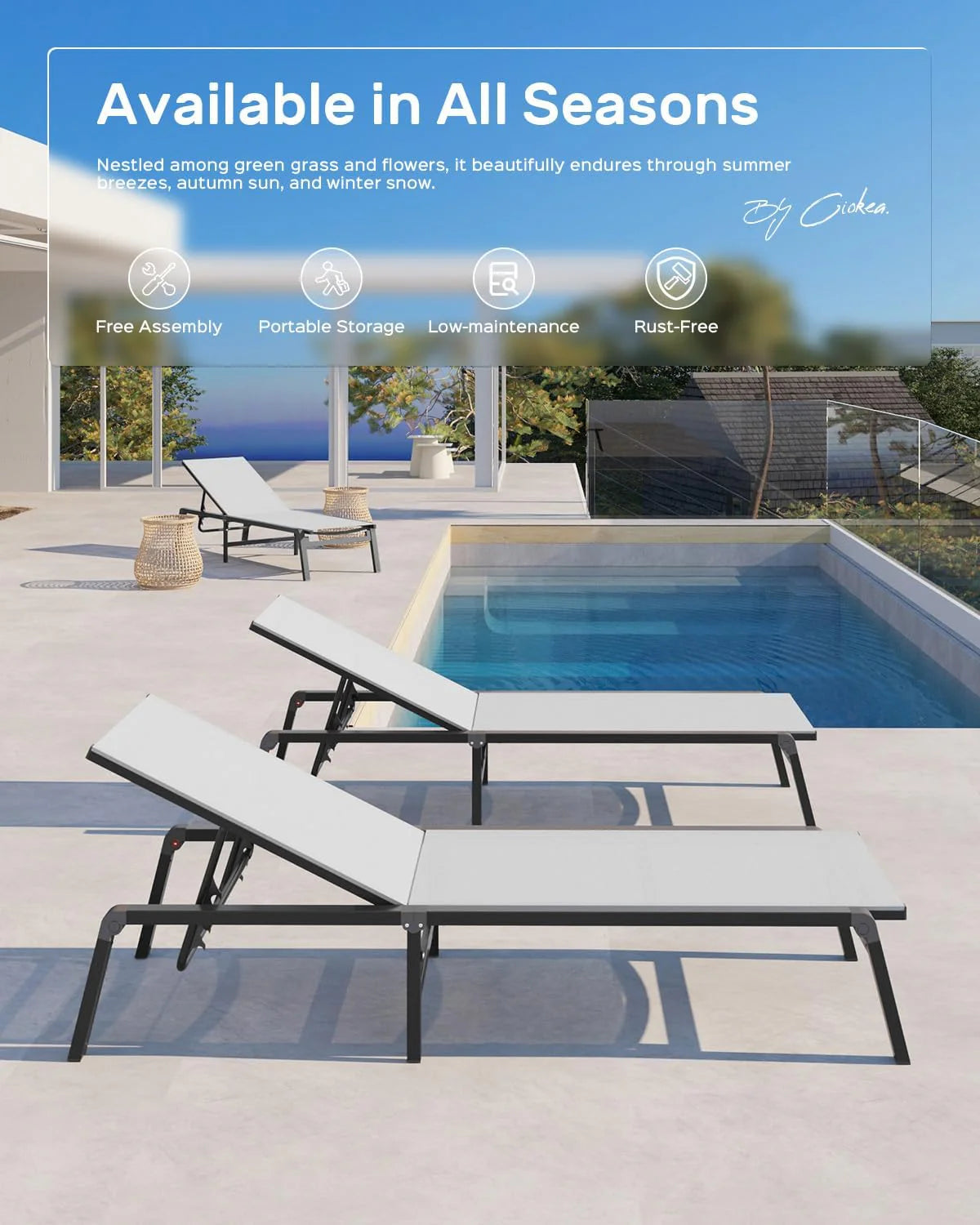 Aluminum Chaise Lounge Ourdoor - Foldable & Assemble Free Outdoor Lounge Chair with 5 Adjustable Backrest, Patio Lounge Chair for Outside Poolside Beach Pool, Black
