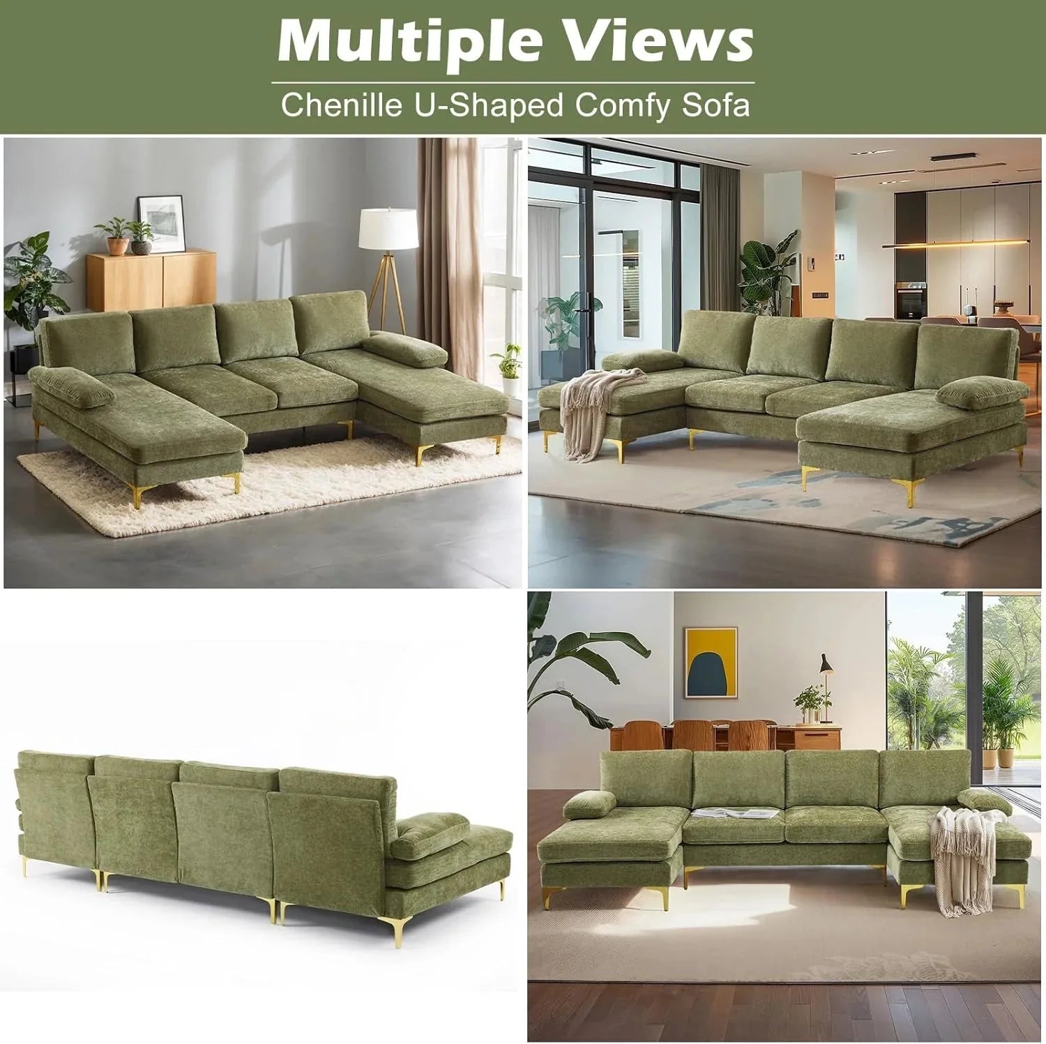 VINGLI 110 Sectional Couches for Living Room,U Shaped Couch with Double Chaise, 4-Seat Sofa Set with Chenille Fabric for Home Furniture,Beige