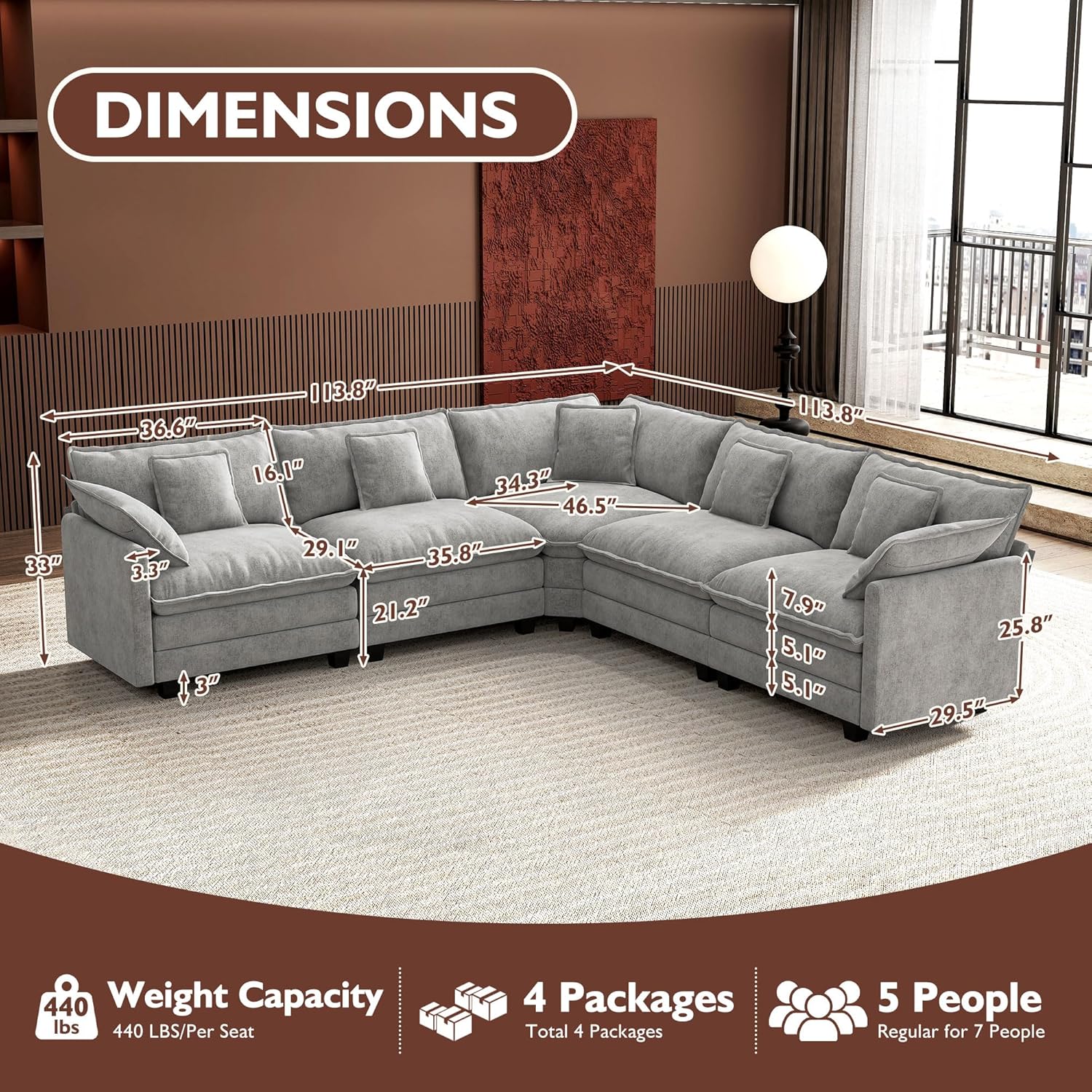 ihanherry 146-inch U-shaped modern sofa modular area cloud sofa