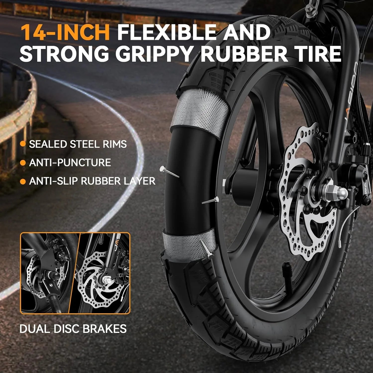 Jasion EB3 Electric Bike Adults 21mph, 500W Peak Motor, 270Wh Battery, Rear Suspension, 3 Levels Assist, 14′′ Folding Ebike for Adults and Teens, Complies to UL2849