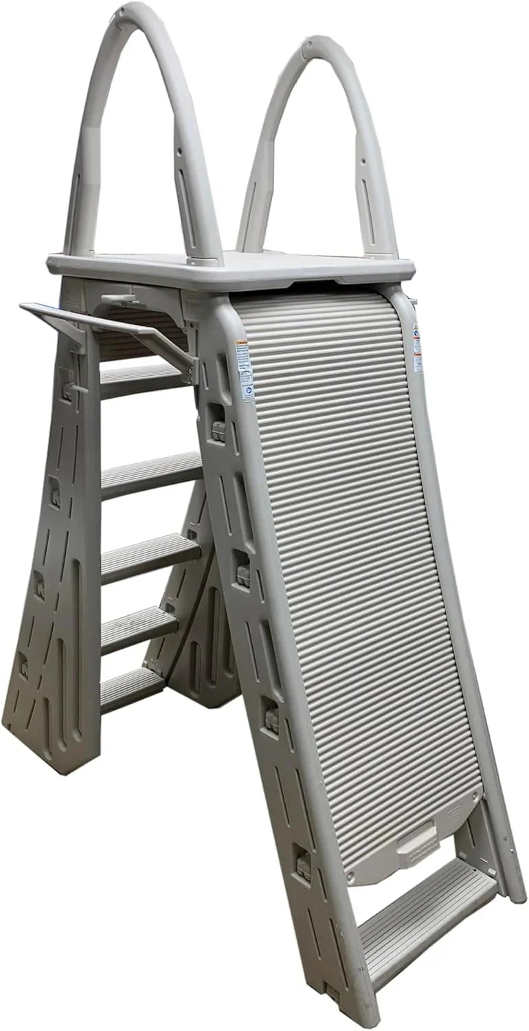 Confer Plastics 7200 Roll Guard 48 to 56 Adjustable A Frame Safety Ladder for Above Ground Outdoor Patio Swimming Pool Platform Ladder with Step Barrier, Warm Grey…