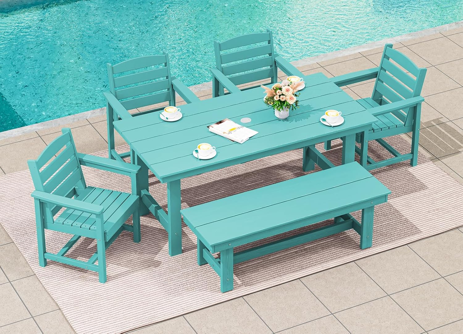 SERWALL 7-Piece Patio Table Set, Outdoor HDPE Dining Furniture with Umbrella Hole, All Weather Table and Chairs for Lawn, Garden, Poolside, Aruba