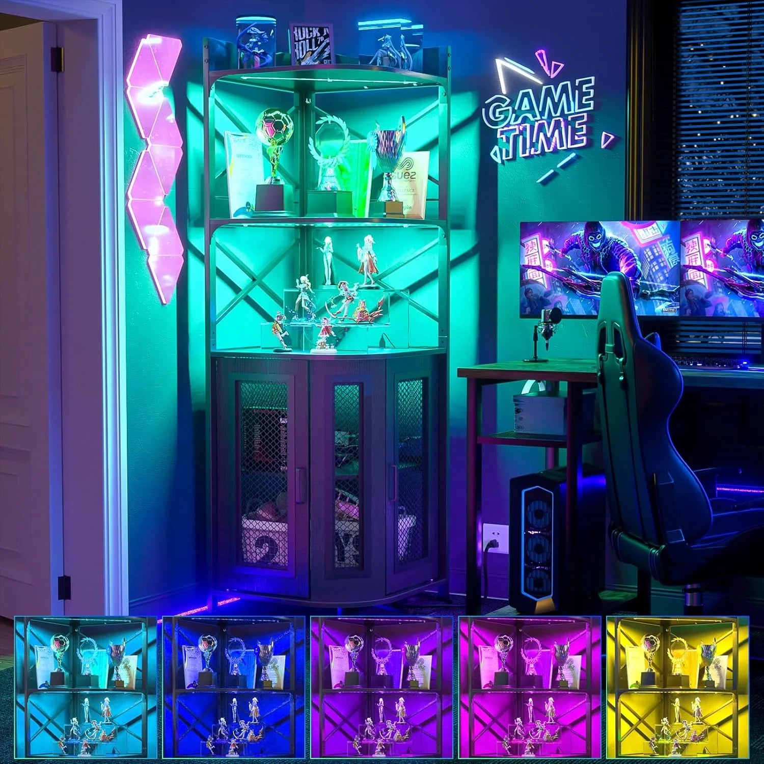 Corner bar cabinet with power socket, industrial style wine cabinet with LED light strip and glass rack, home five-layer wine cabinet bar unit, small space corner display cabinet