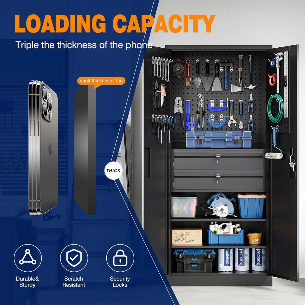 Yizosh Metal Garage Storage Cabinet with Locking Doors and 2 Drawers, Heavy Duty Steel Tool Cabinet with Pegboard, 71 - Lockable Cabinets for Garage, Warehouse, Basement (Black)