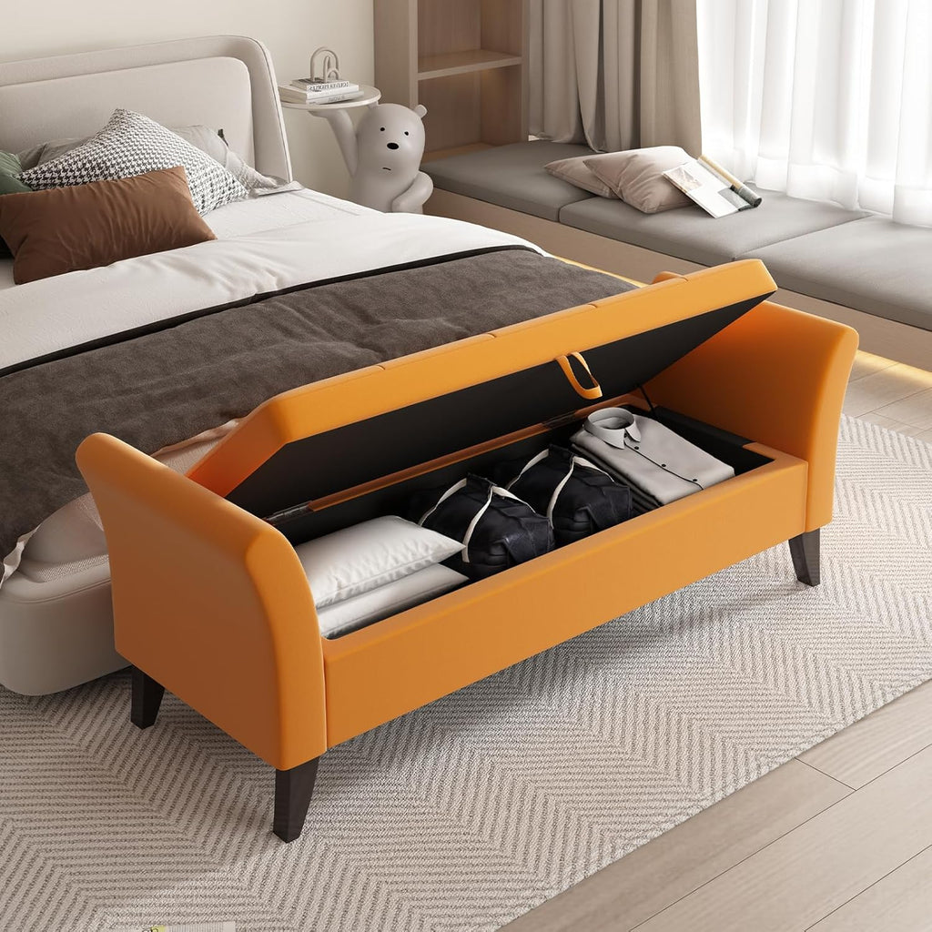 Furniliving Modern Storage Ottoman Bench, Sherpa Ottoman End of Bed Bench with Solid Wood Legs Upholstered Ottoman Benches with Storage Indoor Bench for Living Room with Rolled Arm, Entryway, White