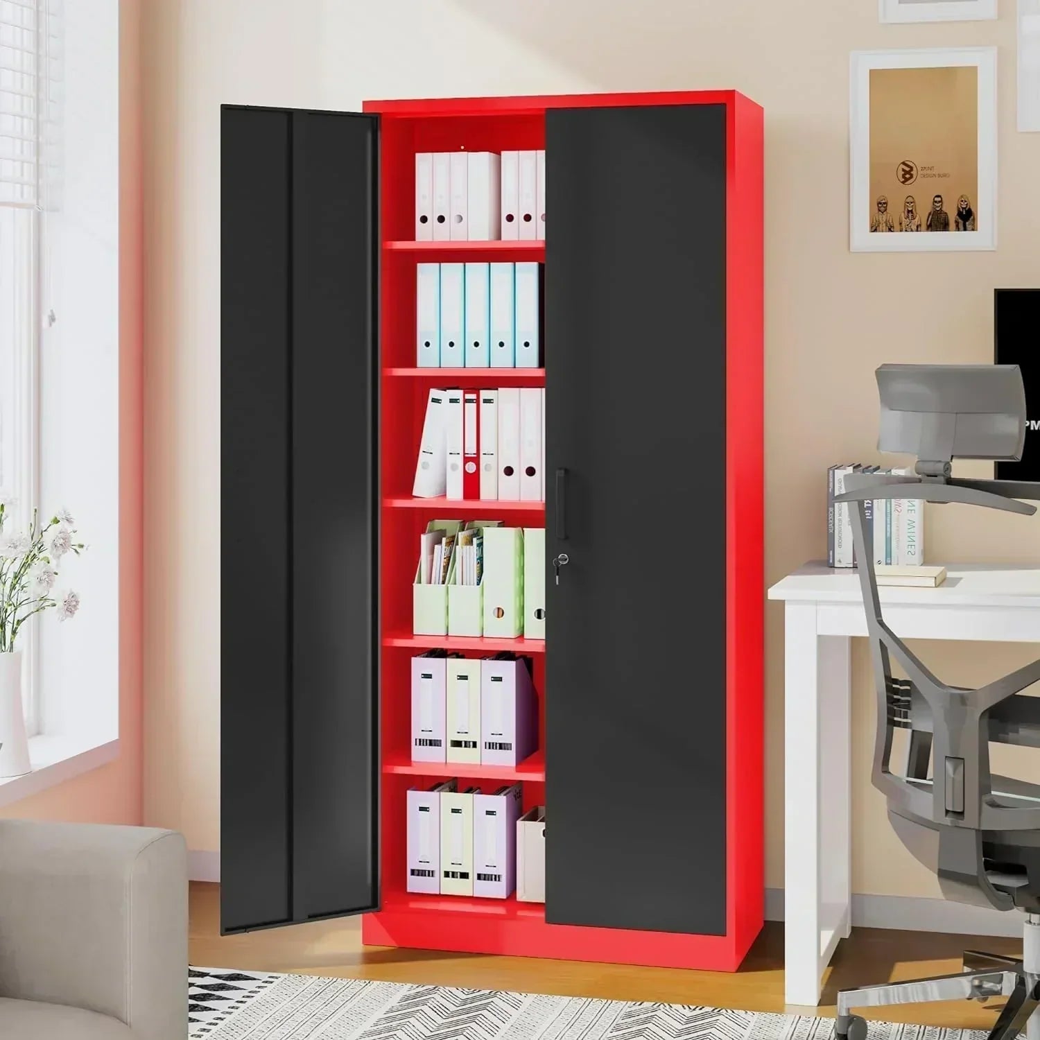 Metal Storage Cabinet with 2 Doors and 6 Shelves Black Metal Cabinet Garage Storage Cabinet