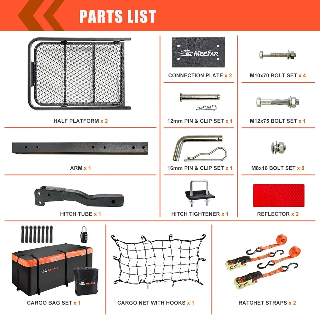 Folding hitch mounted cargo basket 60 With hook stabilizer, net and straps