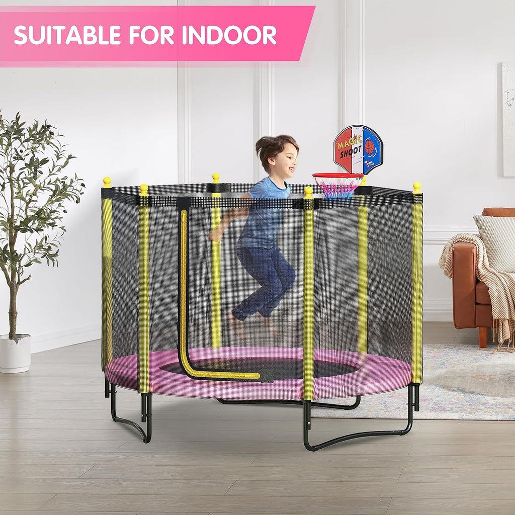 60 Kids Trampoline with Safety Enclosure Net, 5FT Toddler Indoor & Outdoor Trampoline/w Basketball Hoop - Parent-Child Interactive Game Fitness Trampoline Toy Gift for Boys and Girls Age 1-8