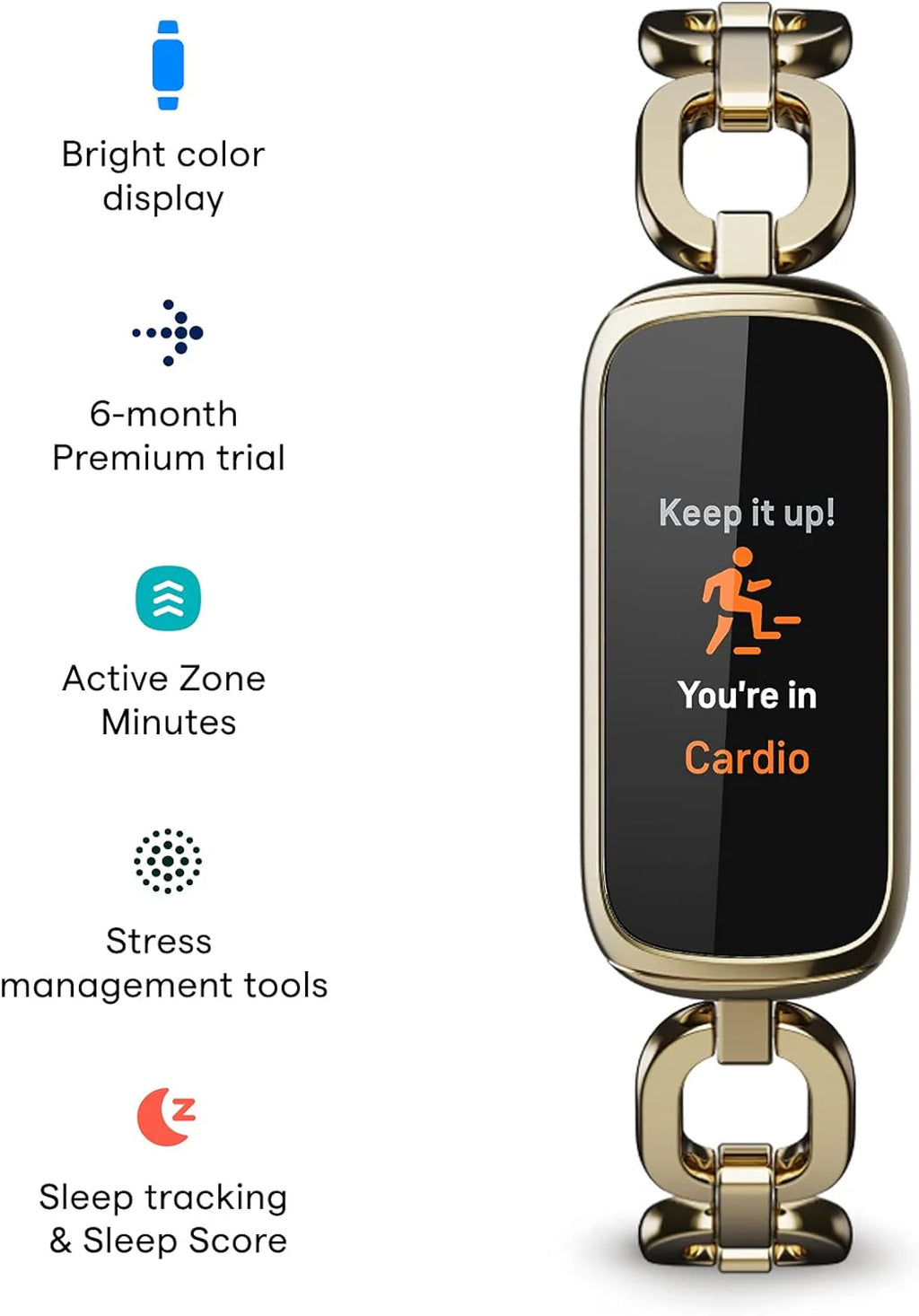 Fitness and Wellness-Tracker with Stress Management, Sleep-Tracking and 24/7 Heart Rate, One Size S L Bands Included, Lunar White/Soft Gold Stainless Steel, 1 Count