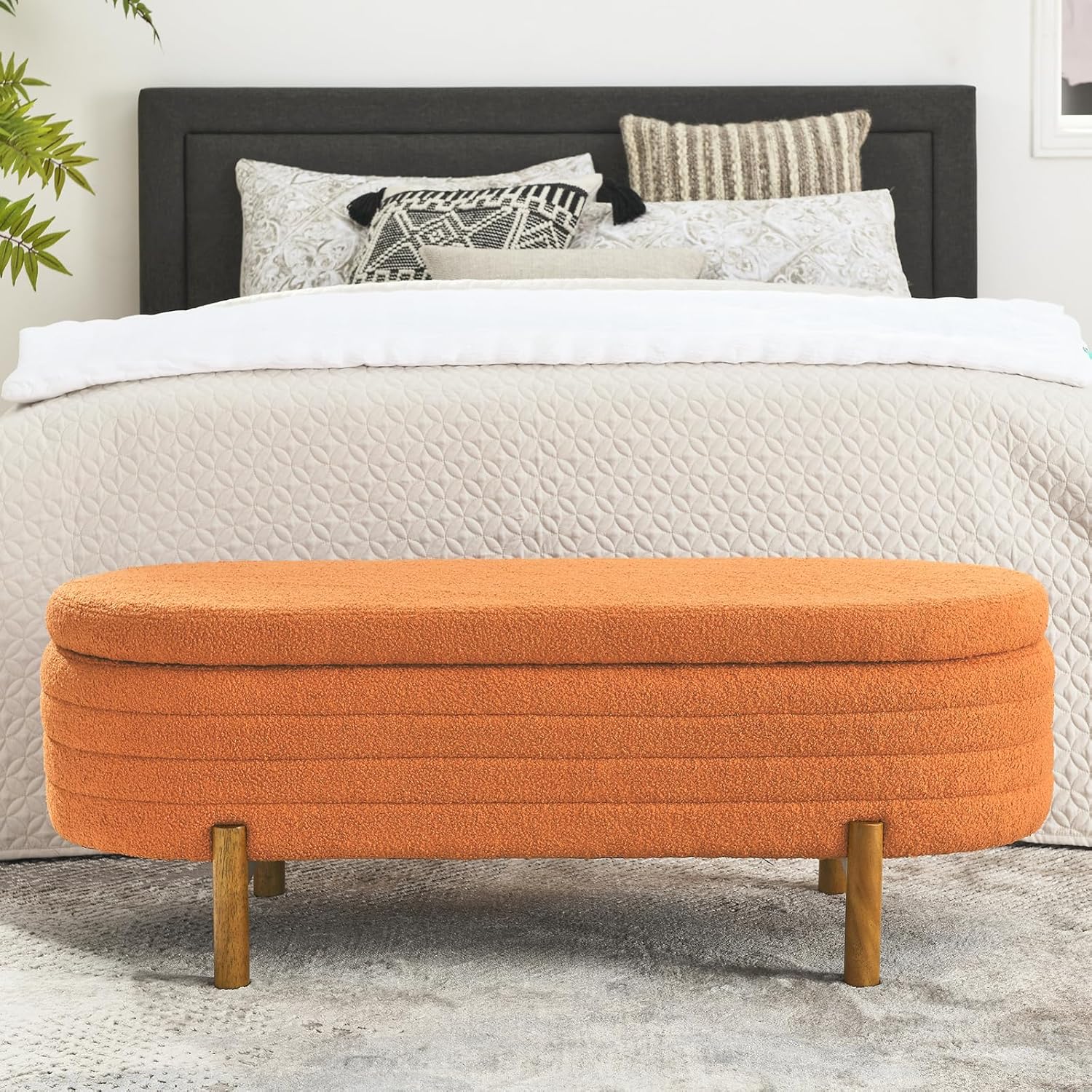 Furniliving Modern Storage Ottoman Bench, Sherpa Ottoman End of Bed Bench with Solid Wood Legs Upholstered Ottoman Benches with Storage Indoor Bench for Living Room with Rolled Arm, Entryway, White