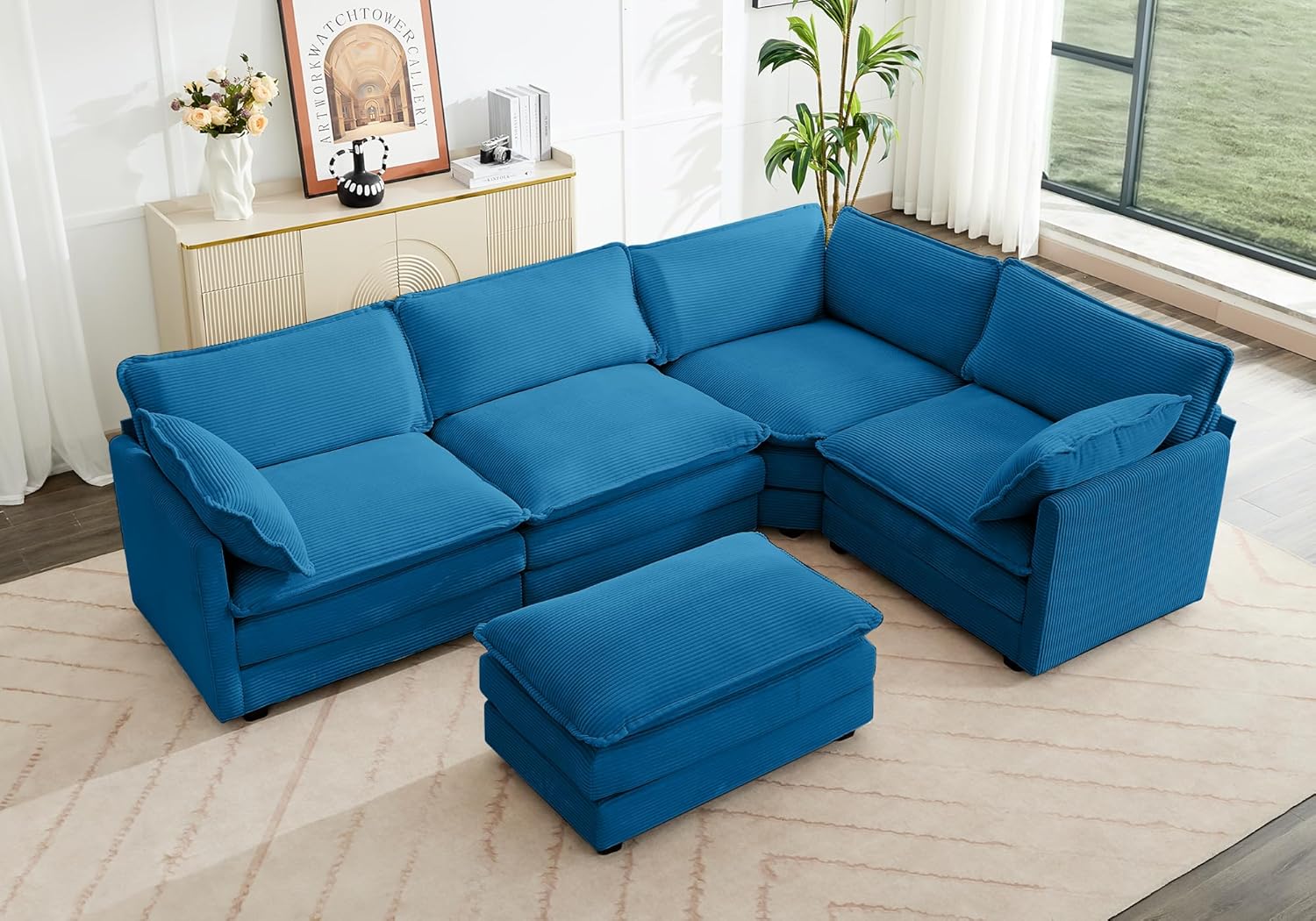 ROWHY Oversized Modular Sectional Sofa with Movable Ottoman, 112 Inch 4 Seat Modern Corduroy Sofa Set, Convertible L Shaped Couch for Living Room and Office, Beige