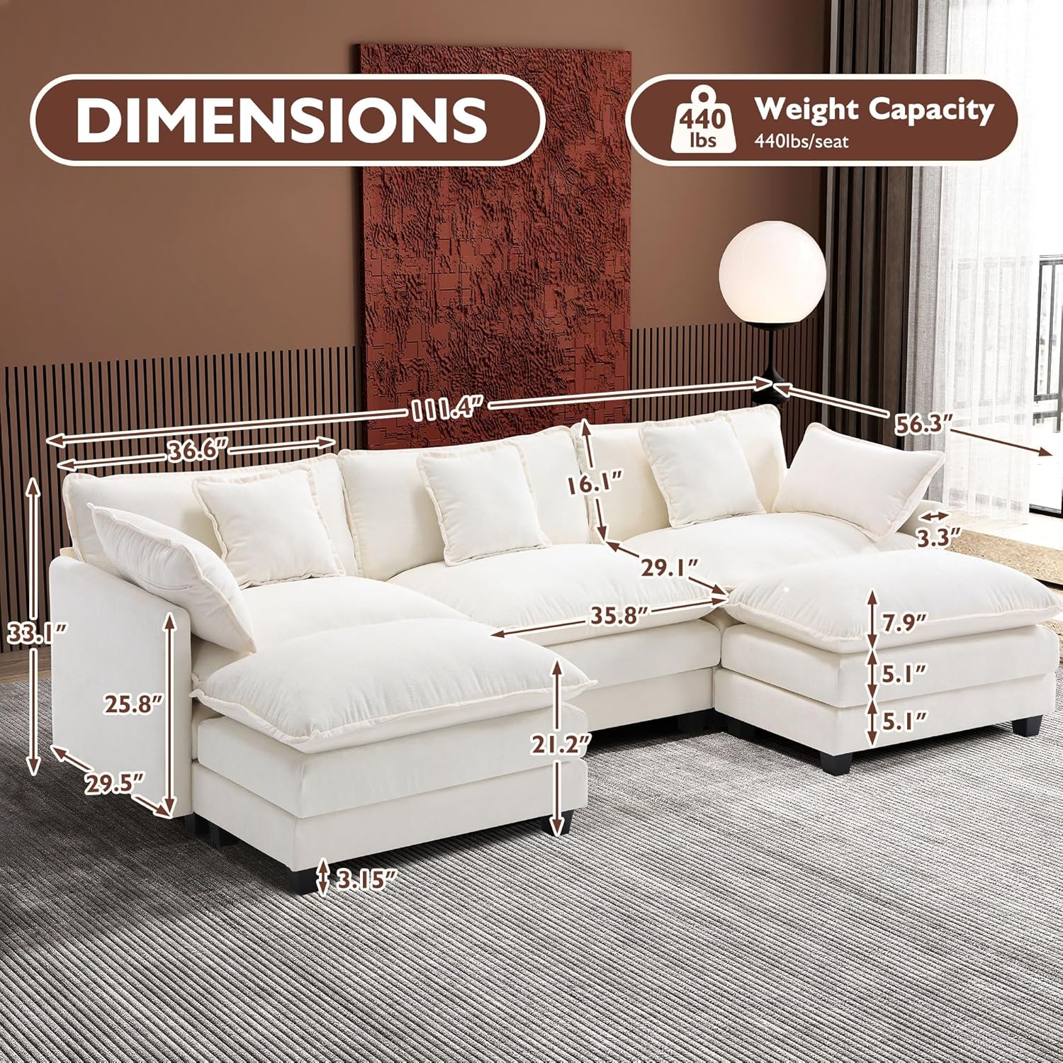 ihanherry 146-inch U-shaped modern sofa modular area cloud sofa