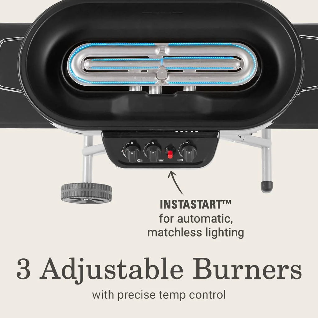 RoadTrip Portable Stand-Up Propane Grill with 3 Adjustable Burners & Instastart Ignition, 20,000 BTUs of Power for Outdoor Cooking