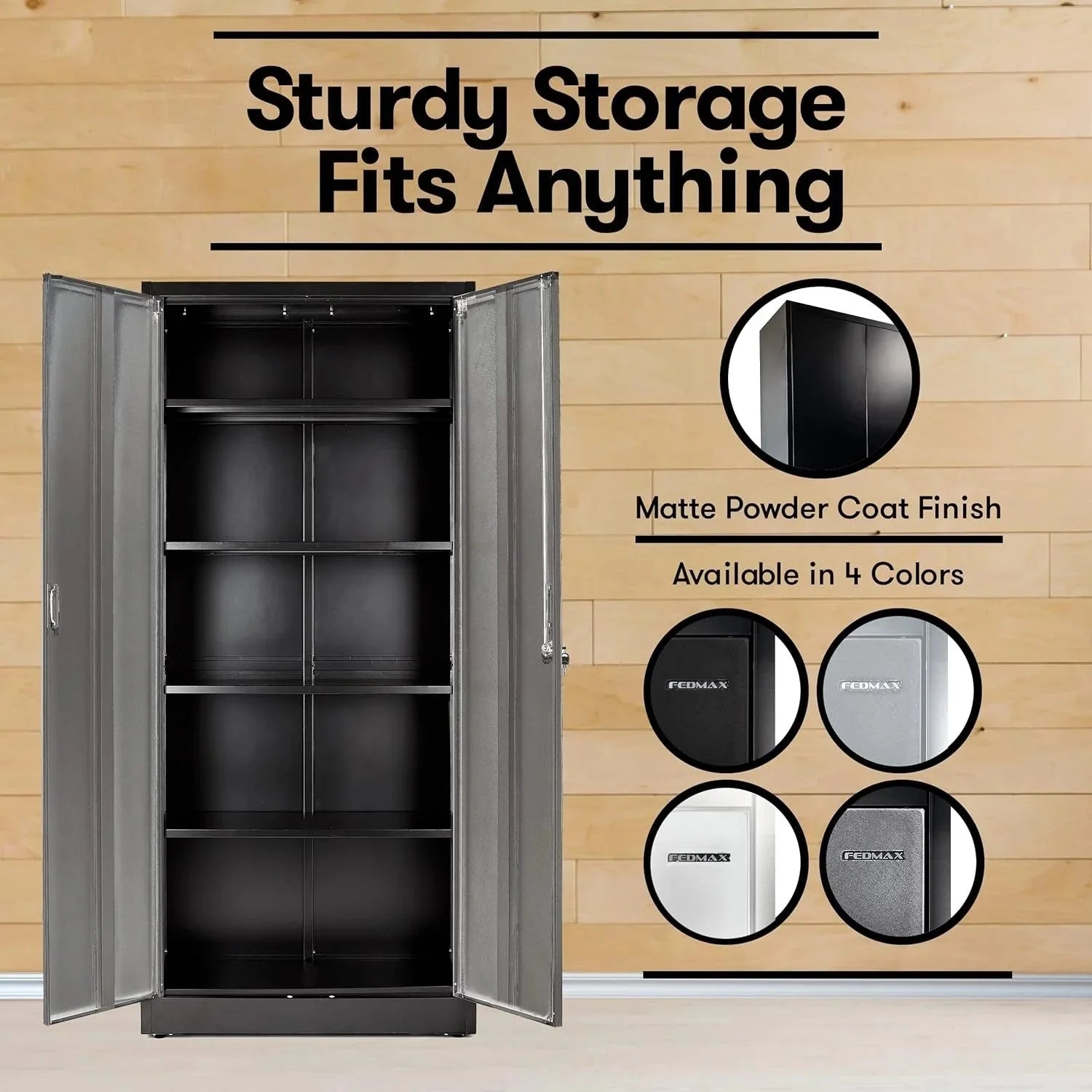 Heavy Duty Metal Garage Locker - 71 tall large steel multipurpose locker with adjustable shelves and door locks - black and silver