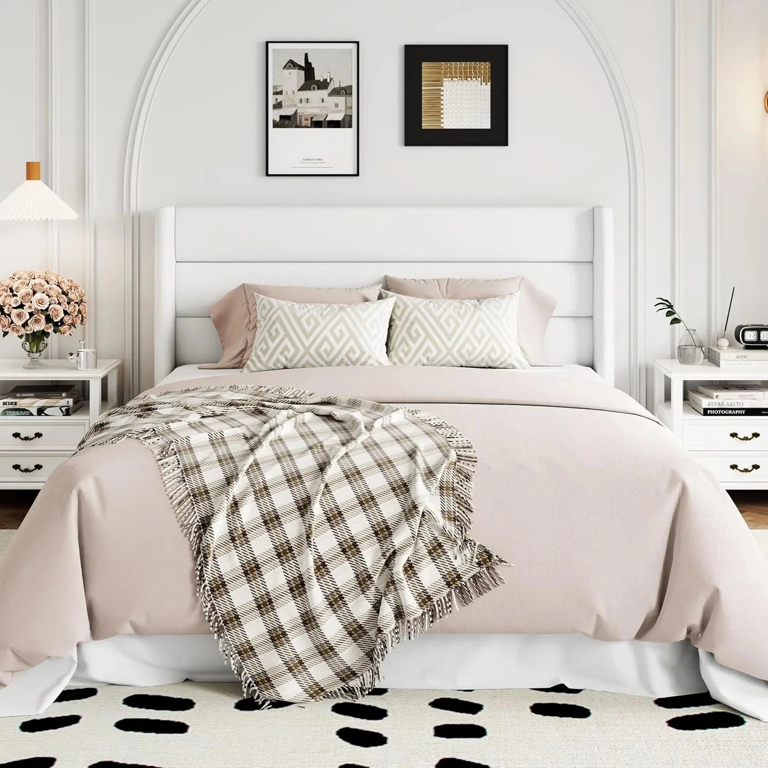 Allewie Queen Size Lift Up Storage Bed, Modern Wingback Headboard, Hydraulic Support, No Box Spring Needed, Light Beige