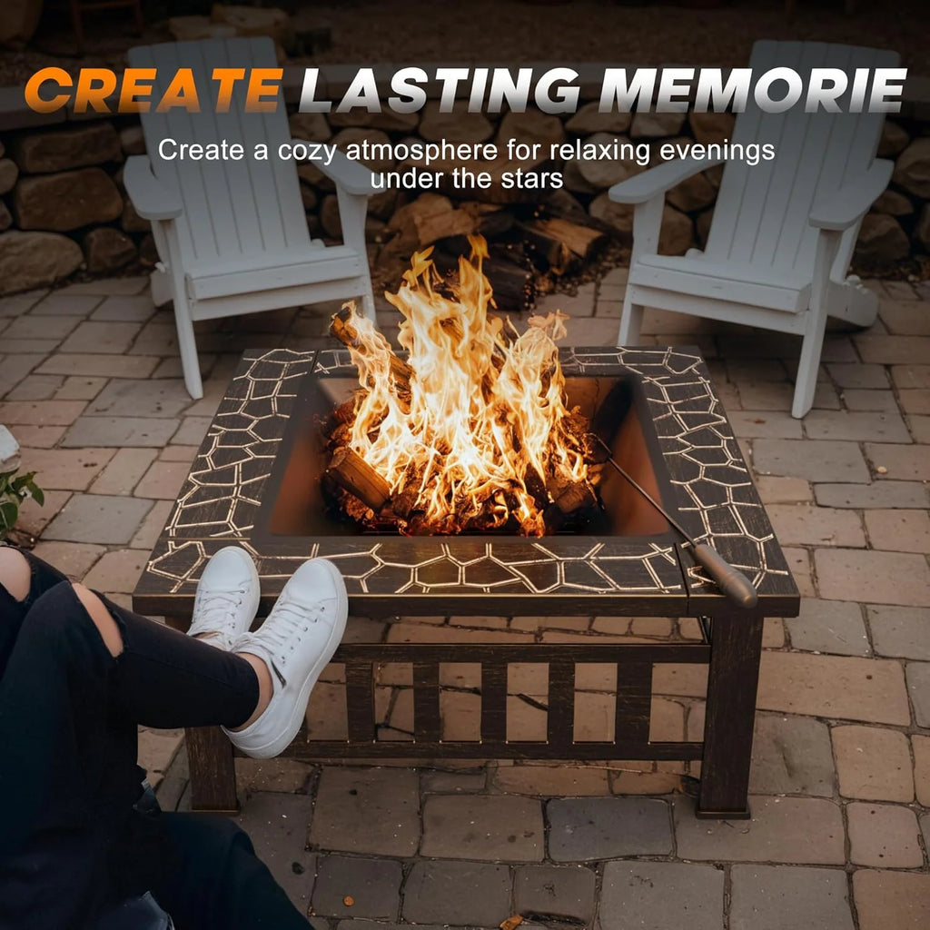 Devoko Outdoor Fire Pit, 32 Inch Firepit Table Metal Outdoor Fireplaces with Waterproof Cover for Outside Patio Camping