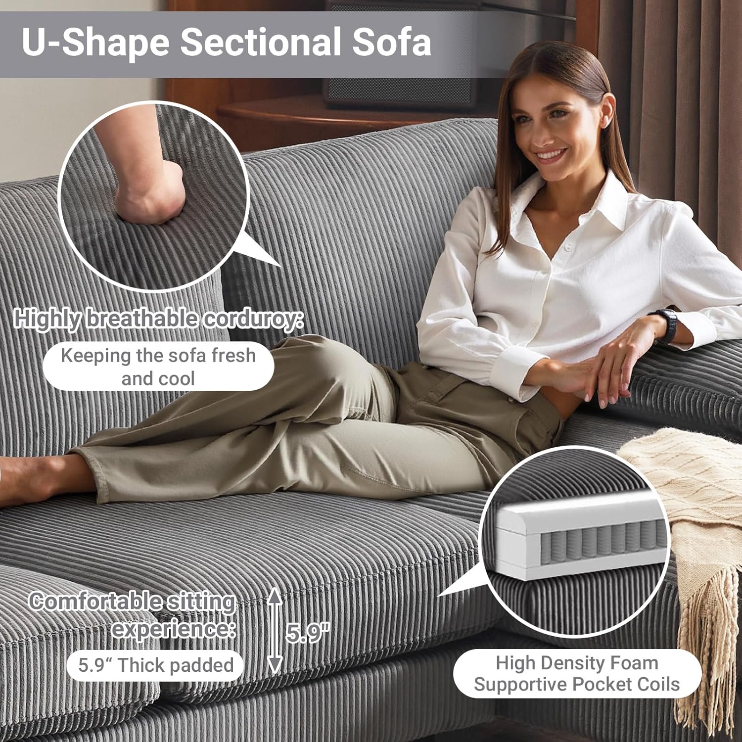 VINGLI 110 Sectional Couches for Living Room,U Shaped Couch with Double Chaise, 4-Seat Sofa Set with Chenille Fabric for Home Furniture,Beige